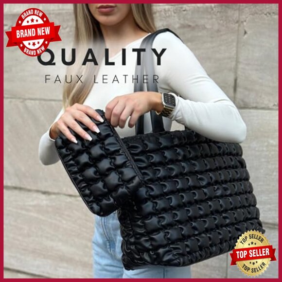 Large Puffer Tote Bag with Insert Pouch, Quilted Polyester, 8 Pockets - Picture 3 of 7